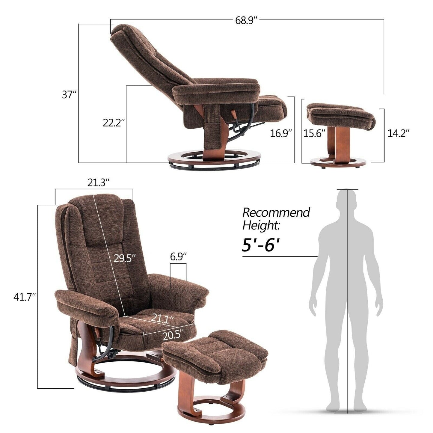 Fauteuil inclinable combiné avec pouf, fauteuil d'appoint en tissu avec massage par vibration, fauteuil pivotant avec base en bois, pour la pièce 9099