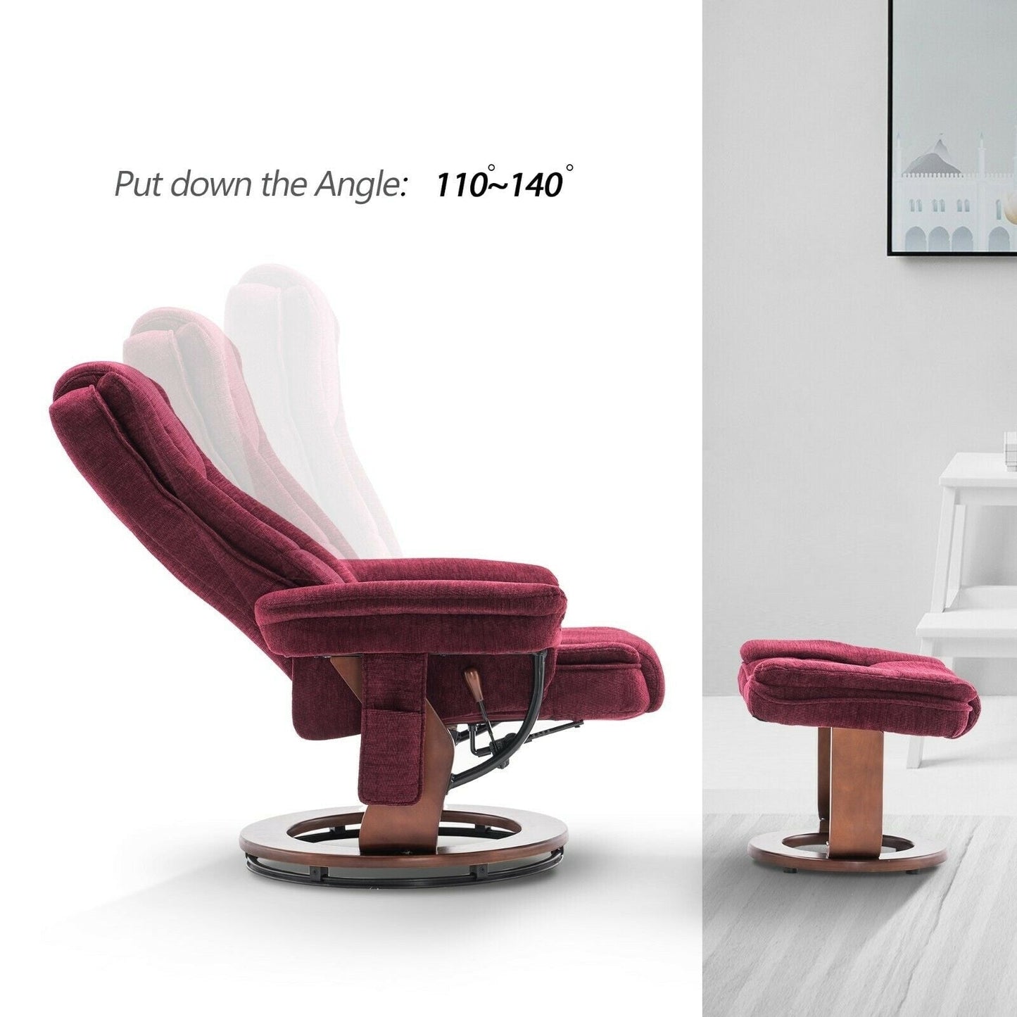 Fauteuil inclinable combiné avec pouf, fauteuil d'appoint en tissu avec massage par vibration, fauteuil pivotant avec base en bois, pour la pièce 9099