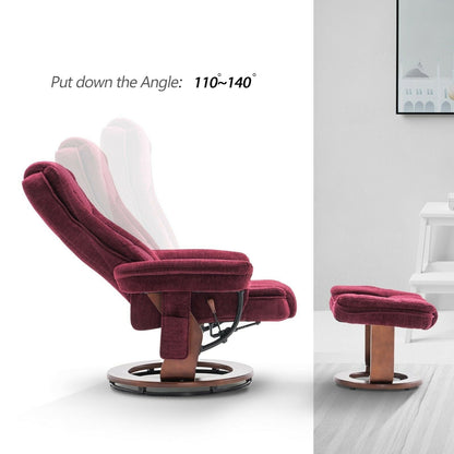 Fauteuil inclinable combiné avec pouf, fauteuil d'appoint en tissu avec massage par vibration, fauteuil pivotant avec base en bois, pour la pièce 9099
