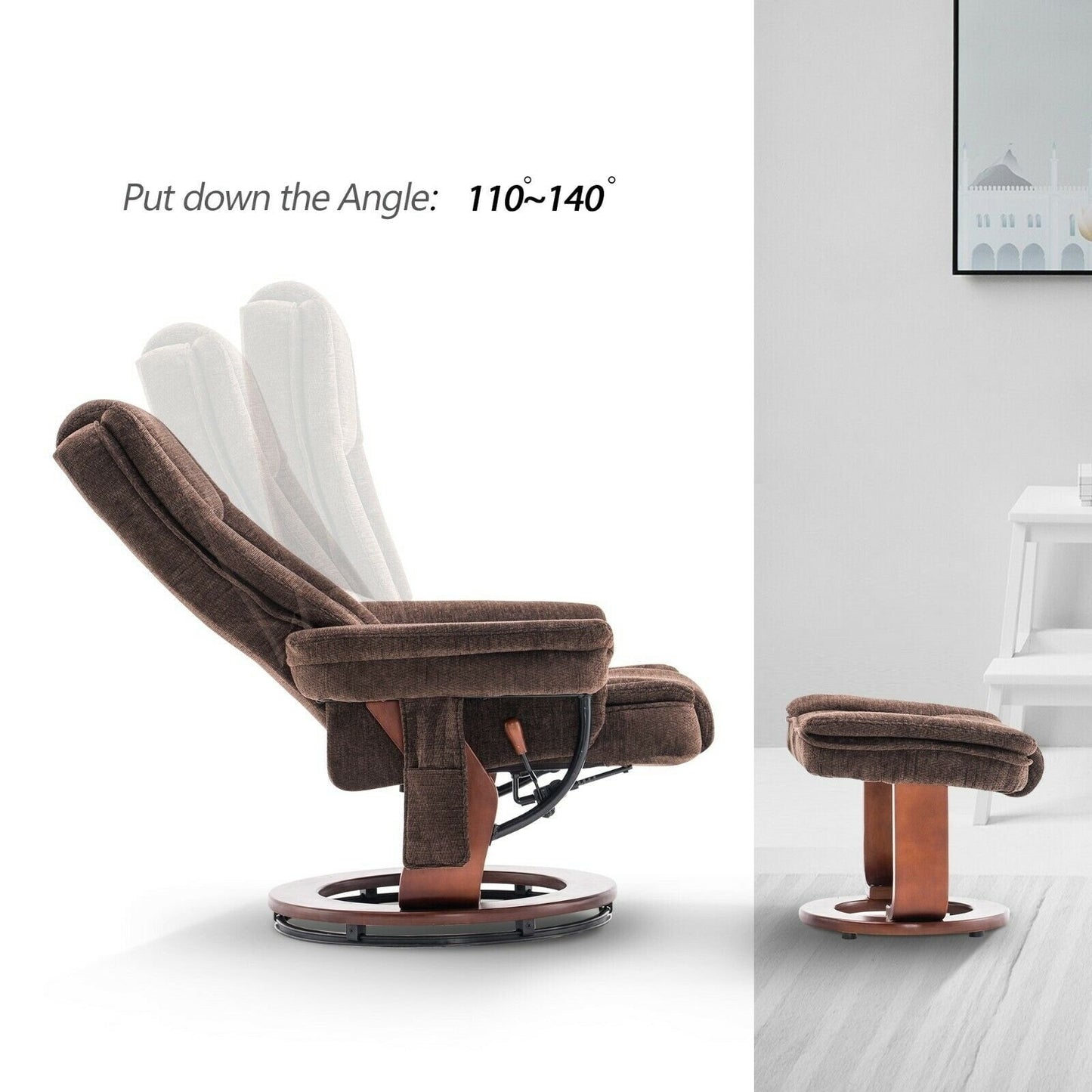 Fauteuil inclinable combiné avec pouf, fauteuil d'appoint en tissu avec massage par vibration, fauteuil pivotant avec base en bois, pour la pièce 9099