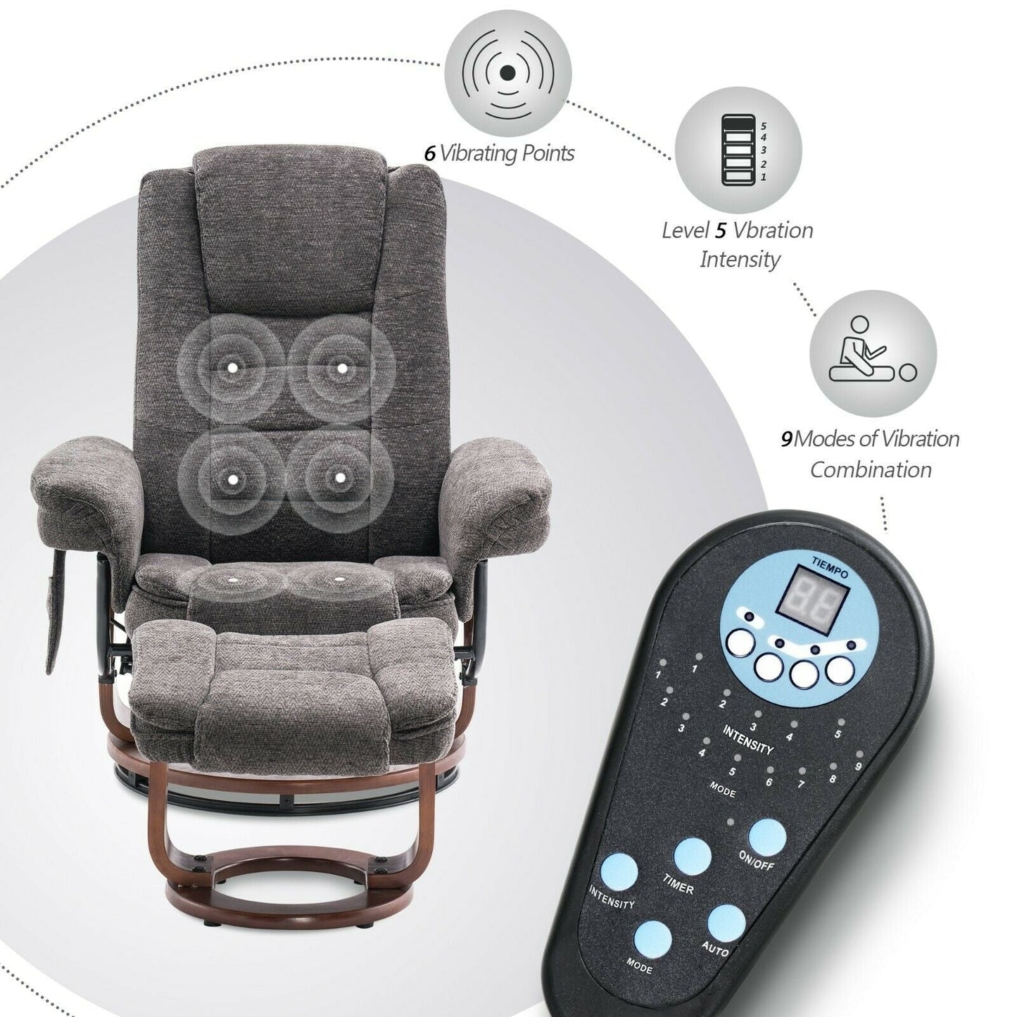 Fauteuil inclinable combiné avec pouf, fauteuil d'appoint en tissu avec massage par vibration, fauteuil pivotant avec base en bois, pour la pièce 9099