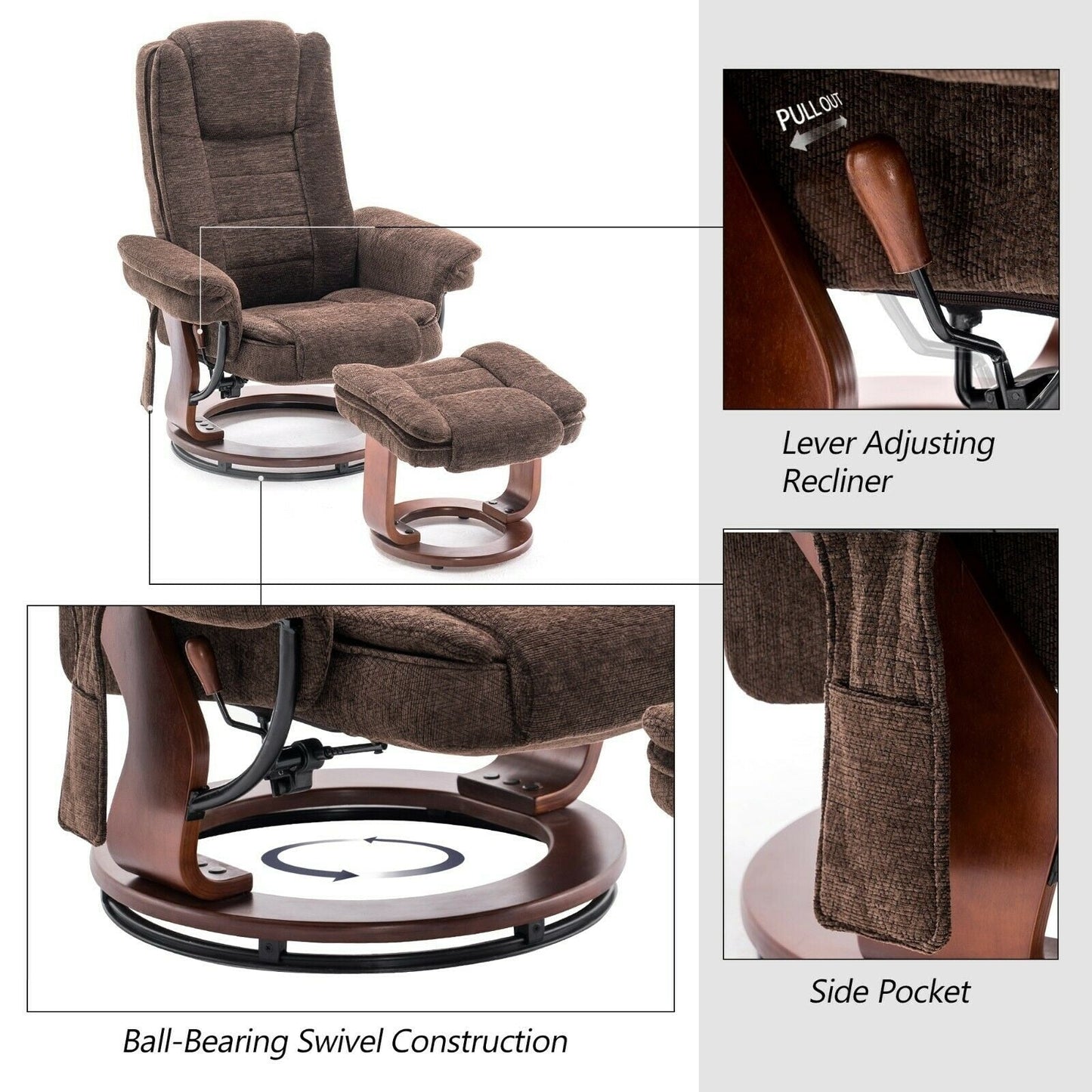 Fauteuil inclinable combiné avec pouf, fauteuil d'appoint en tissu avec massage par vibration, fauteuil pivotant avec base en bois, pour la pièce 9099