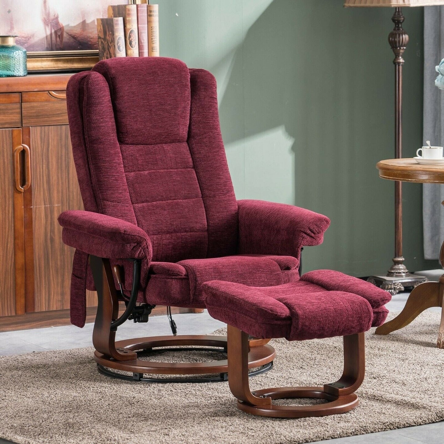 Fauteuil inclinable combiné avec pouf, fauteuil d'appoint en tissu avec massage par vibration, fauteuil pivotant avec base en bois, pour la pièce 9099