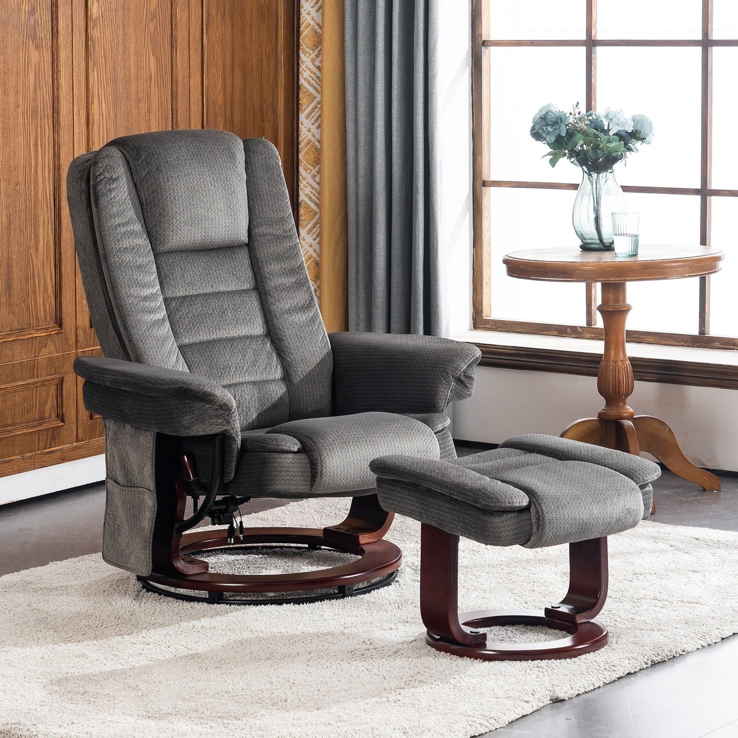Fauteuil inclinable combiné avec ottoman et fauteuil pivotant massant en tissu