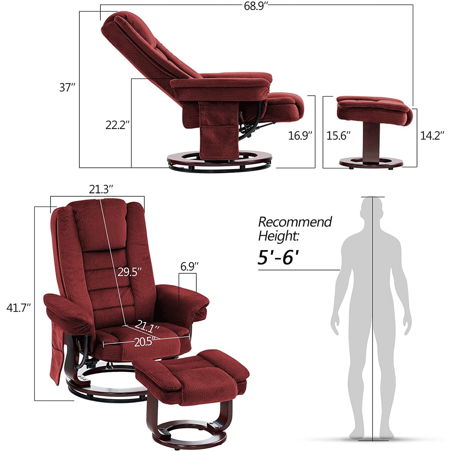 Fauteuil inclinable combiné avec ottoman et fauteuil pivotant massant en tissu