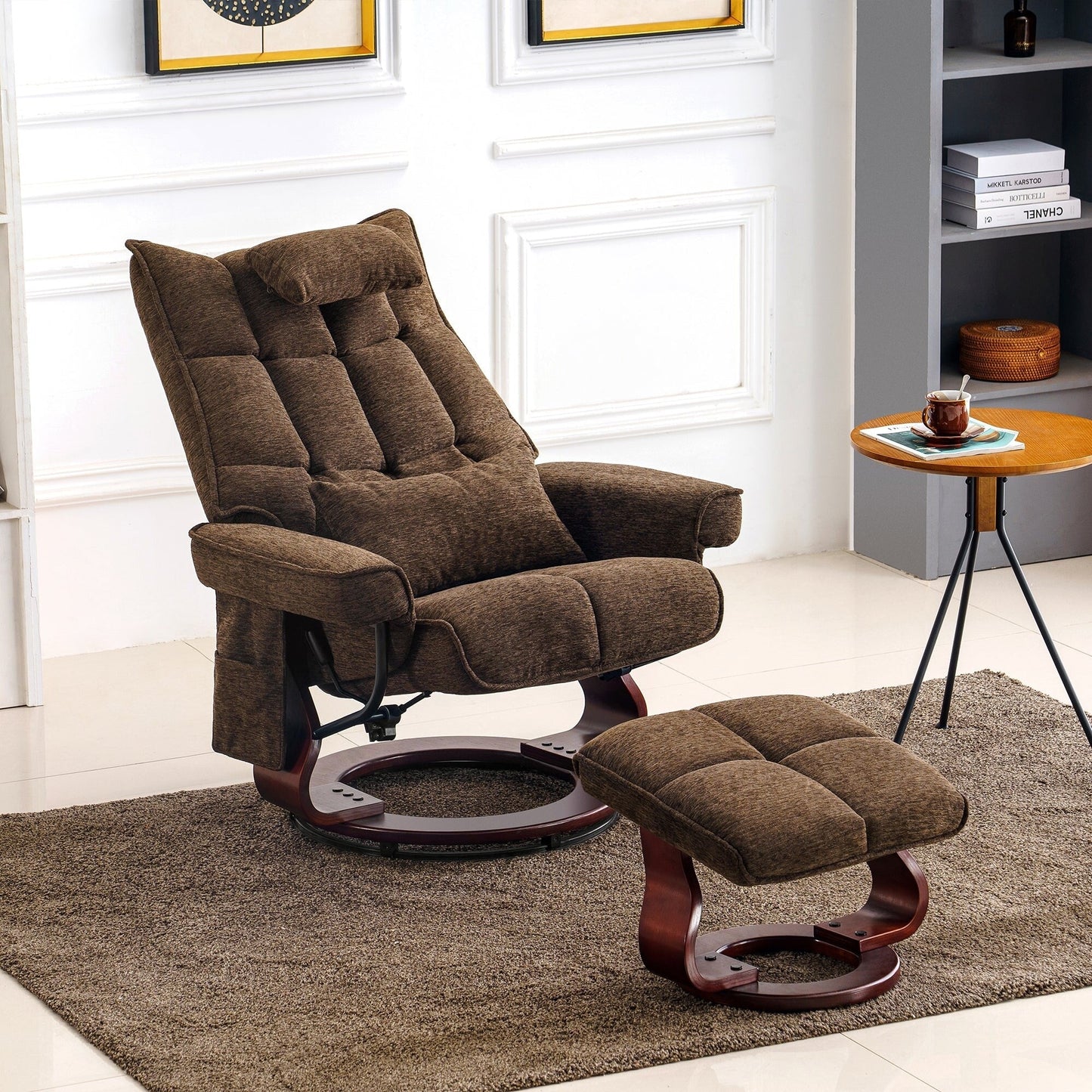Fauteuil inclinable pivotant MCombo avec ottoman et coussin de nuque, tissu chenille
