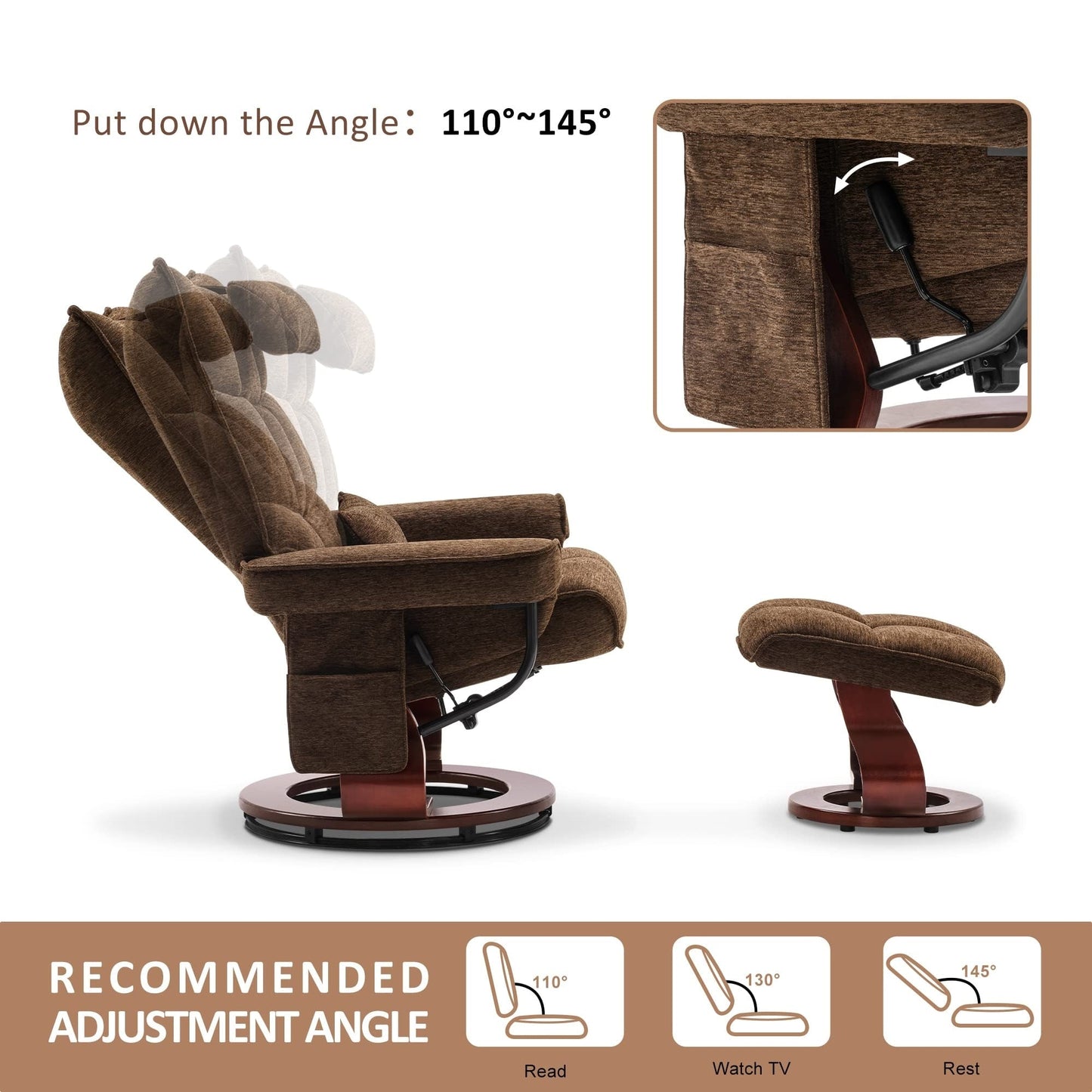 Fauteuil inclinable pivotant MCombo avec ottoman et coussin de nuque, tissu chenille