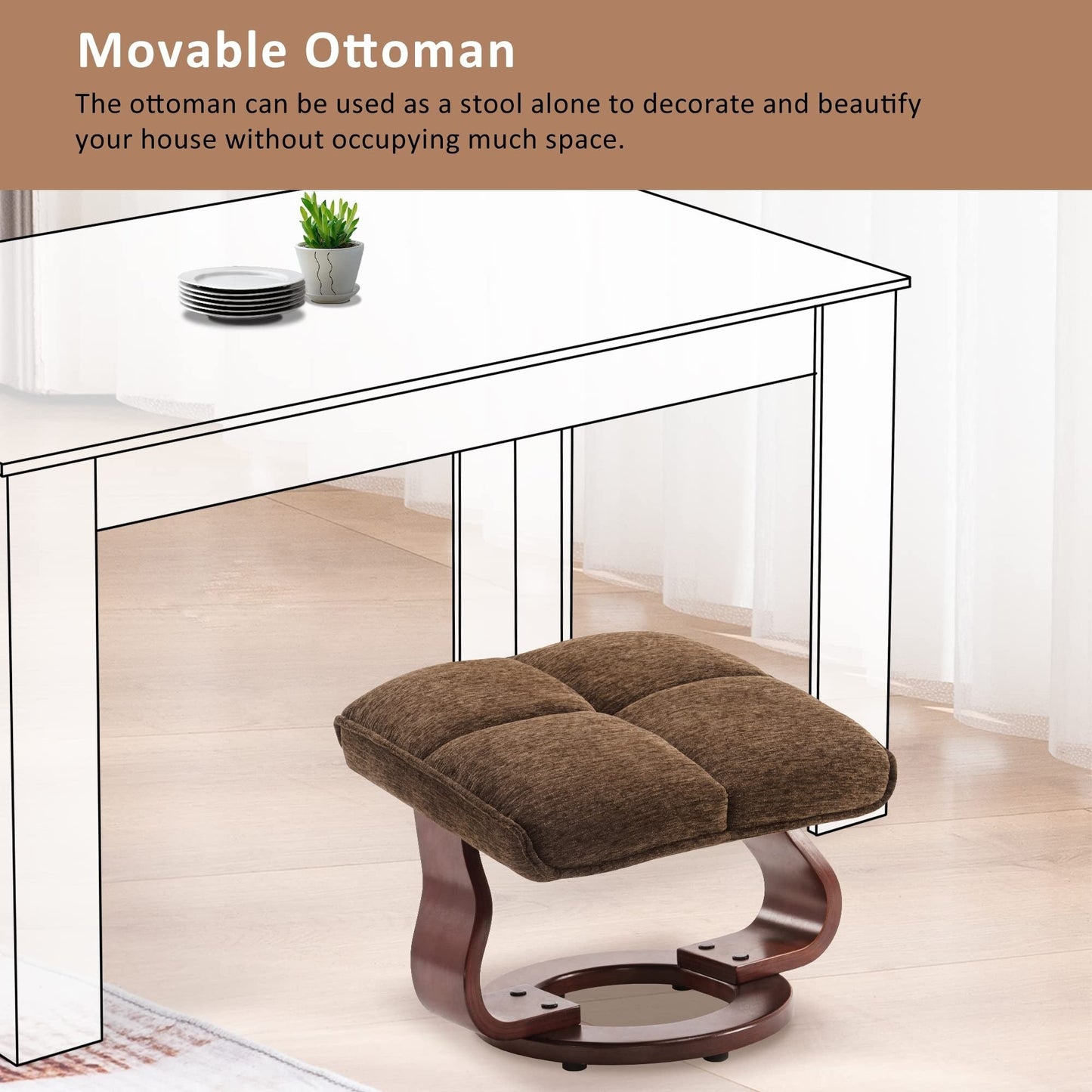 Fauteuil inclinable pivotant MCombo avec ottoman et coussin de nuque, tissu chenille