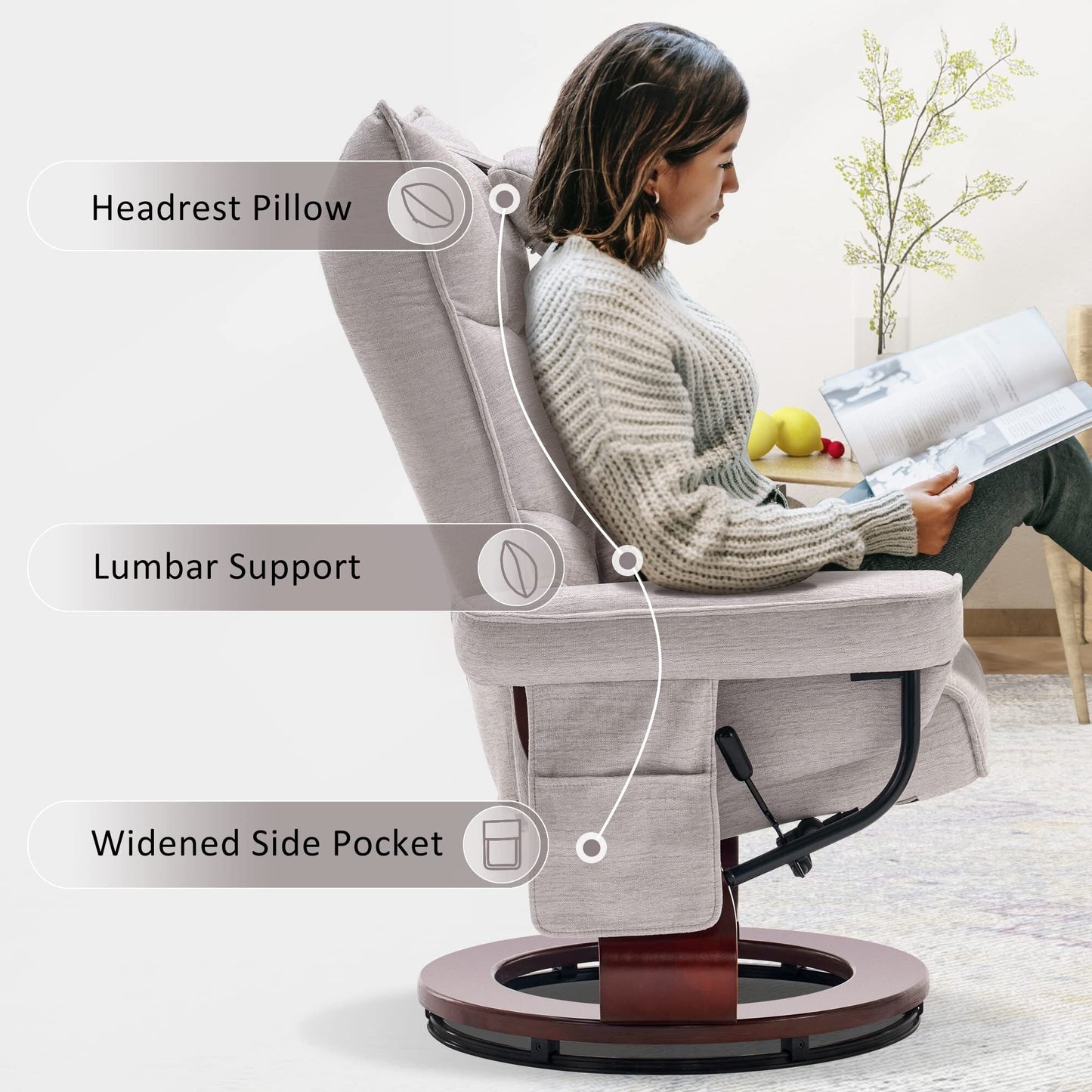 Fauteuil inclinable pivotant MCombo avec ottoman et coussin de nuque, tissu chenille