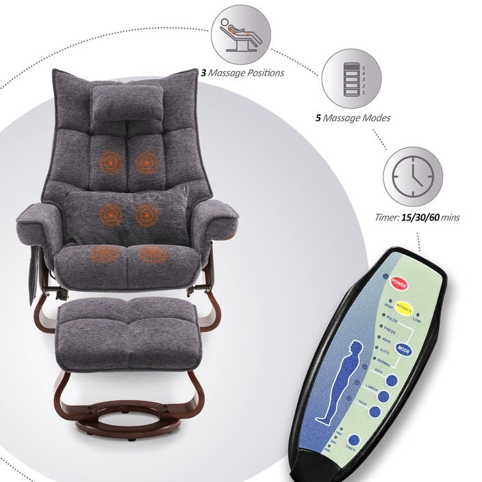 Fauteuil inclinable pivotant MCombo avec ottoman et coussin de nuque, tissu chenille