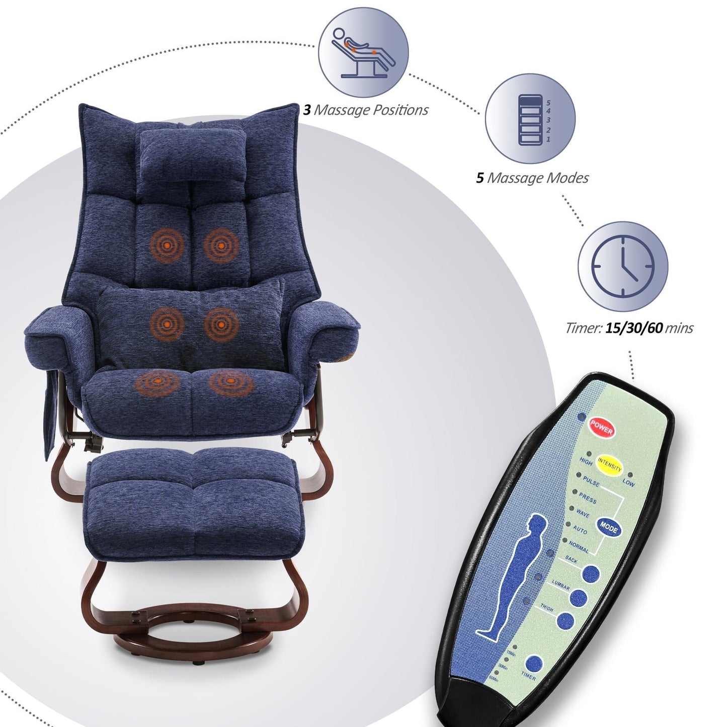 Fauteuil inclinable pivotant MCombo avec ottoman et coussin de nuque, tissu chenille