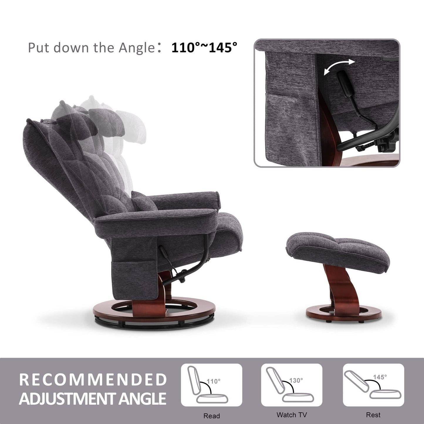 Fauteuil inclinable pivotant MCombo avec ottoman et coussin de nuque, tissu chenille