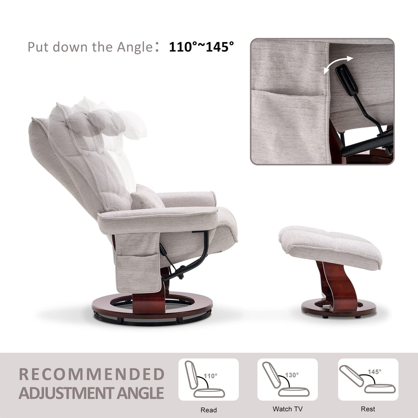 Fauteuil inclinable pivotant MCombo avec ottoman et coussin de nuque, tissu chenille