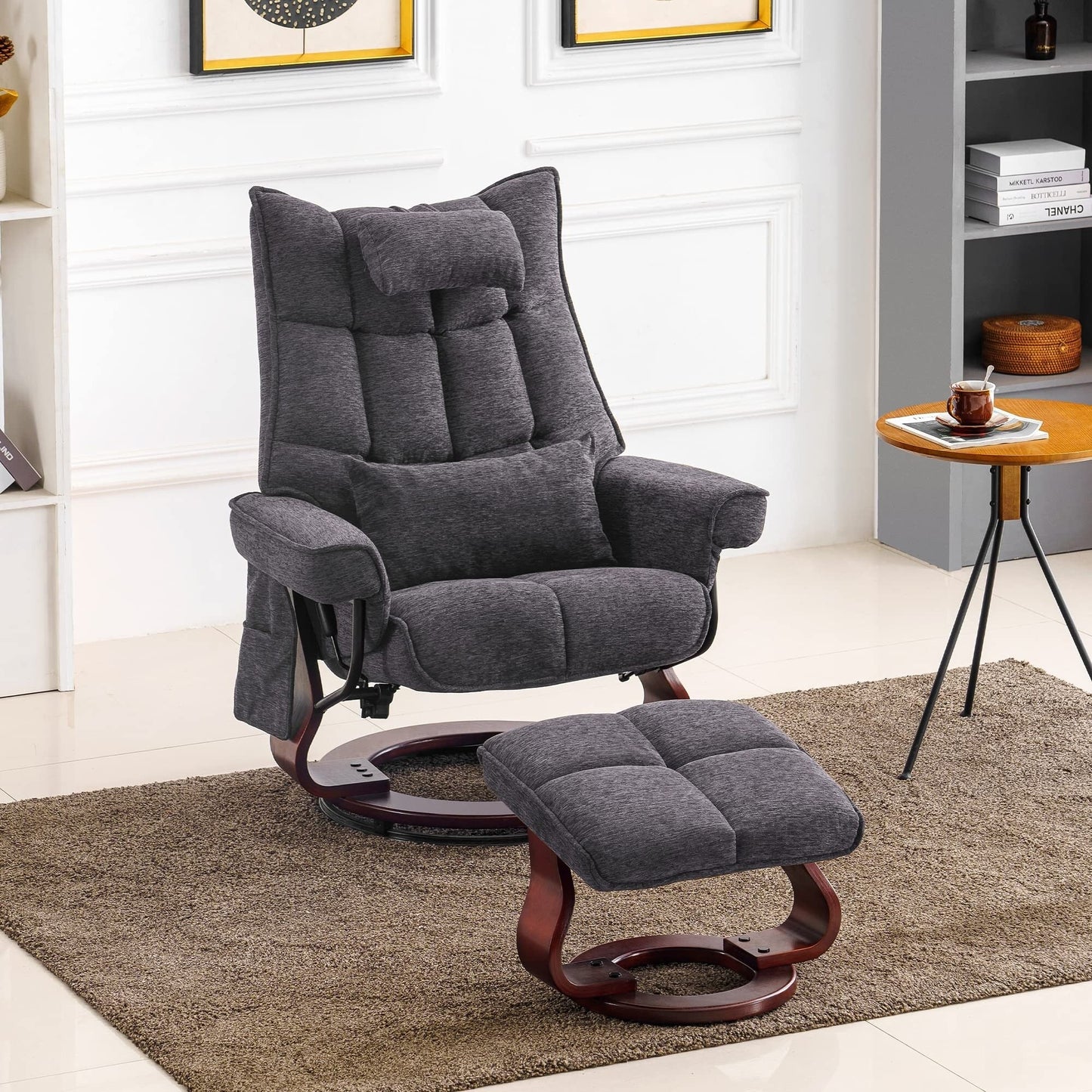 Fauteuil inclinable pivotant MCombo avec ottoman et coussin de nuque, tissu chenille