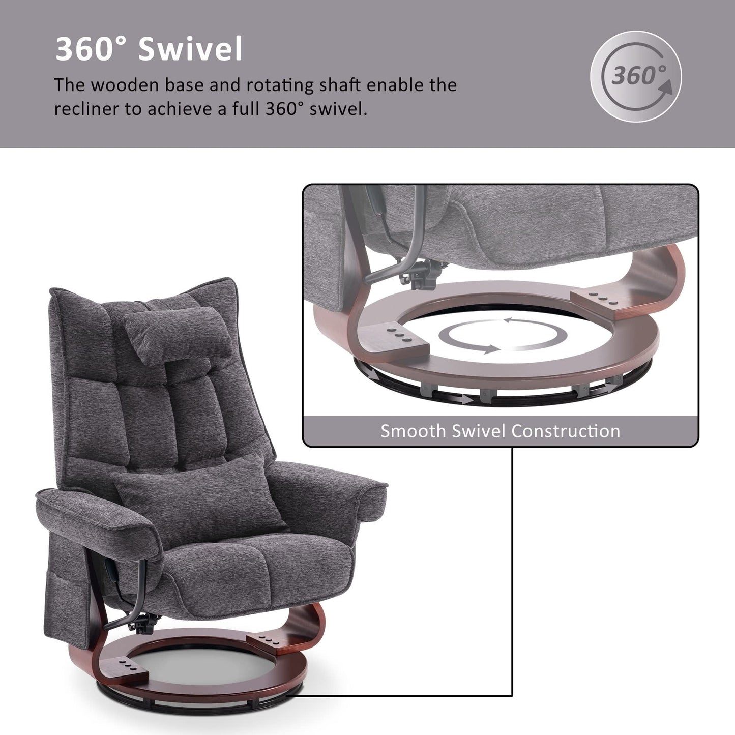 Fauteuil inclinable pivotant MCombo avec ottoman et coussin de nuque, tissu chenille