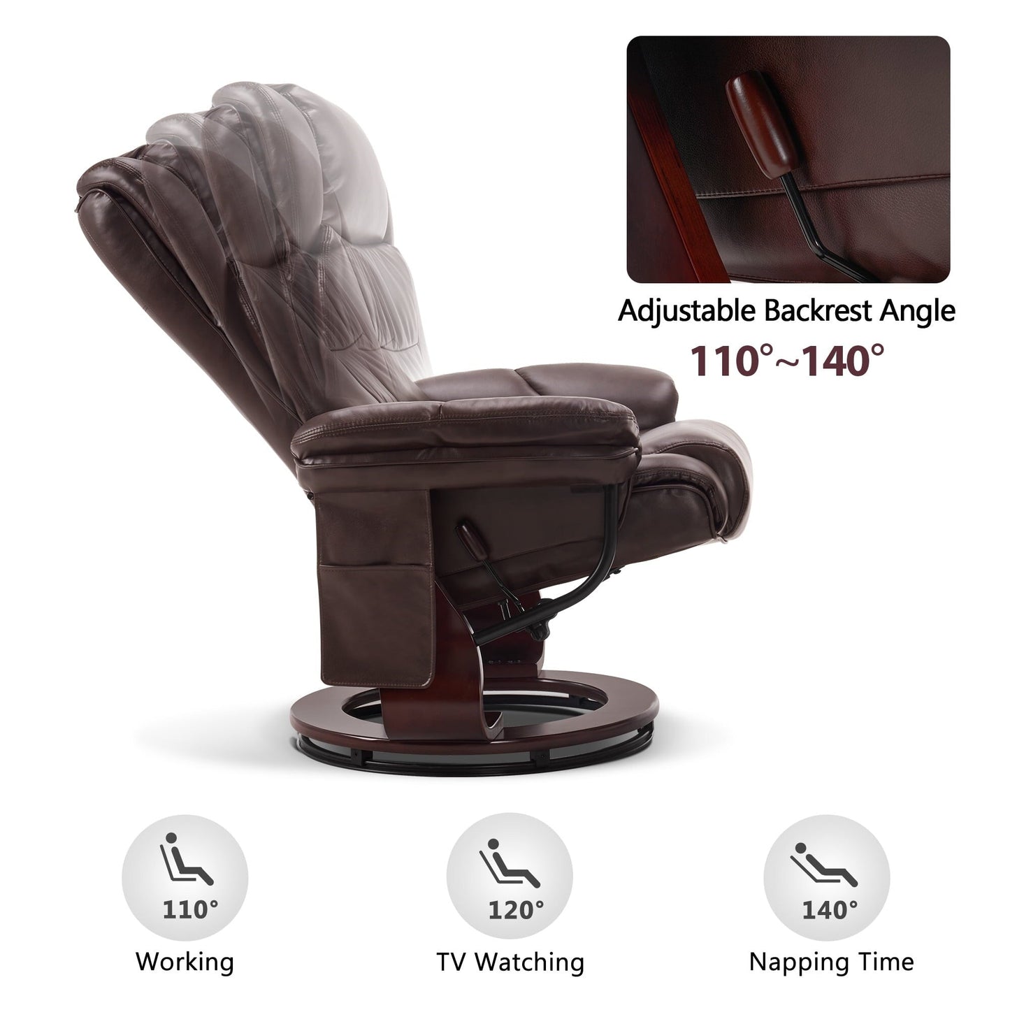 Fauteuils inclinables pivotants MCombo avec ottoman, fauteuils TV à massage par vibrations et poche latérale
