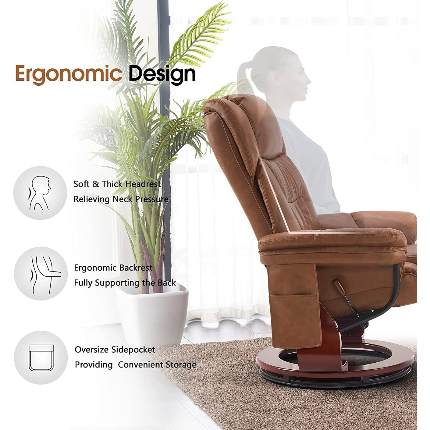 Fauteuils inclinables pivotants MCombo avec ottoman, fauteuils TV à massage par vibrations et poche latérale