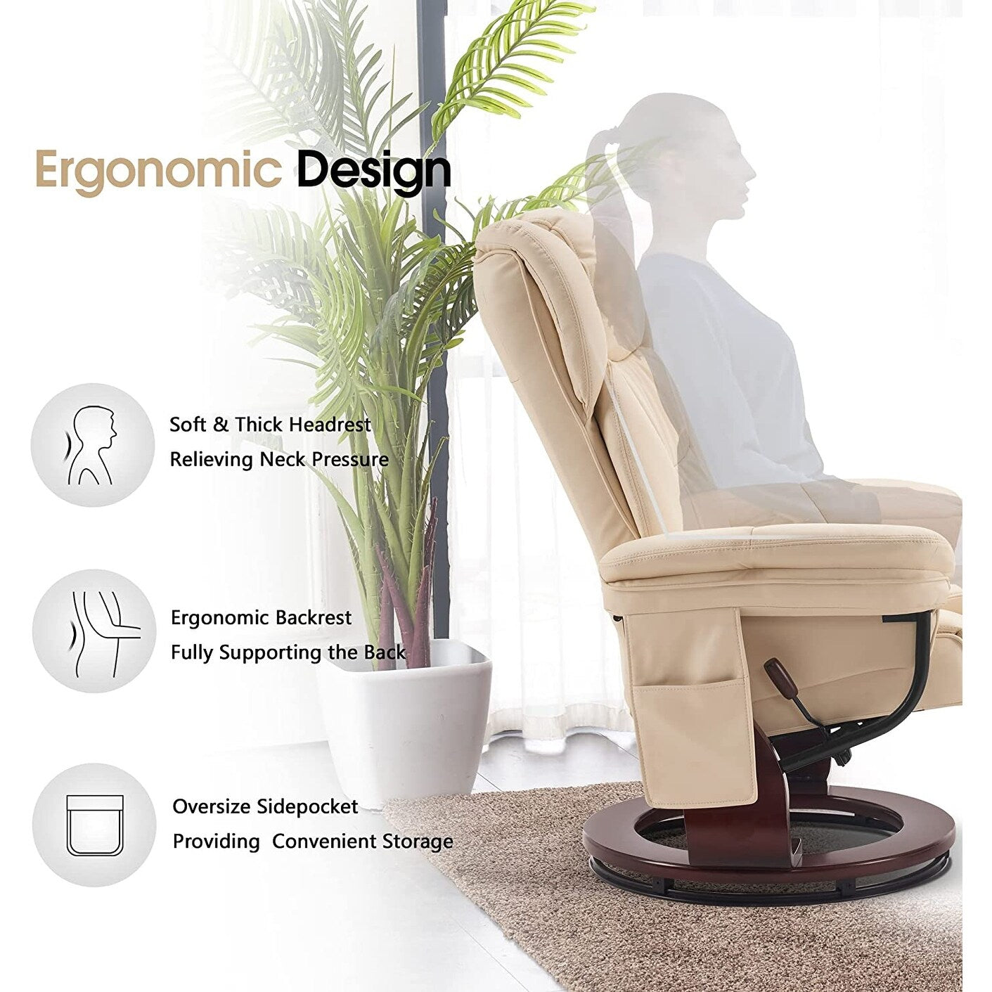 Fauteuils inclinables pivotants MCombo avec ottoman, fauteuils TV à massage par vibrations et poche latérale