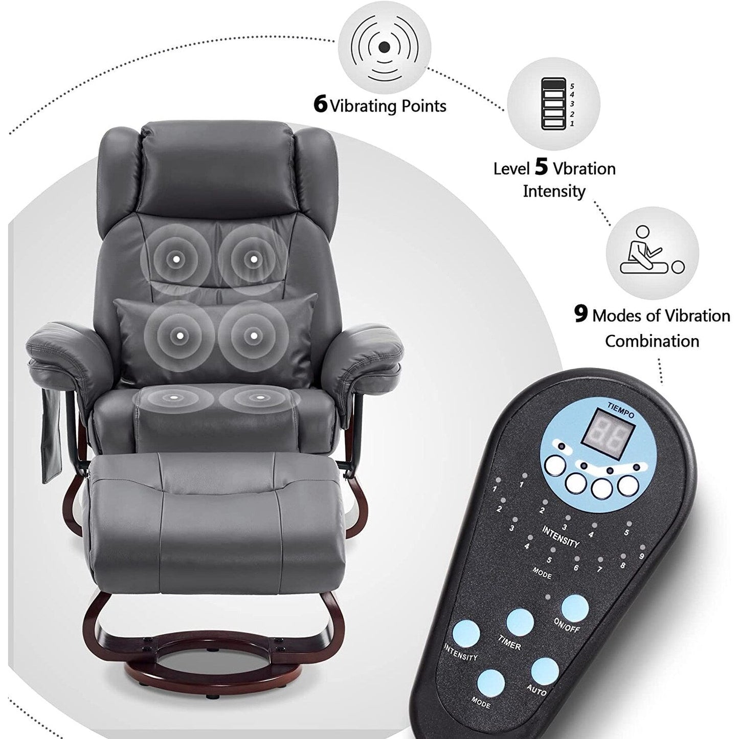 Fauteuils inclinables pivotants MCombo avec ottoman, fauteuils TV à massage par vibrations et poche latérale