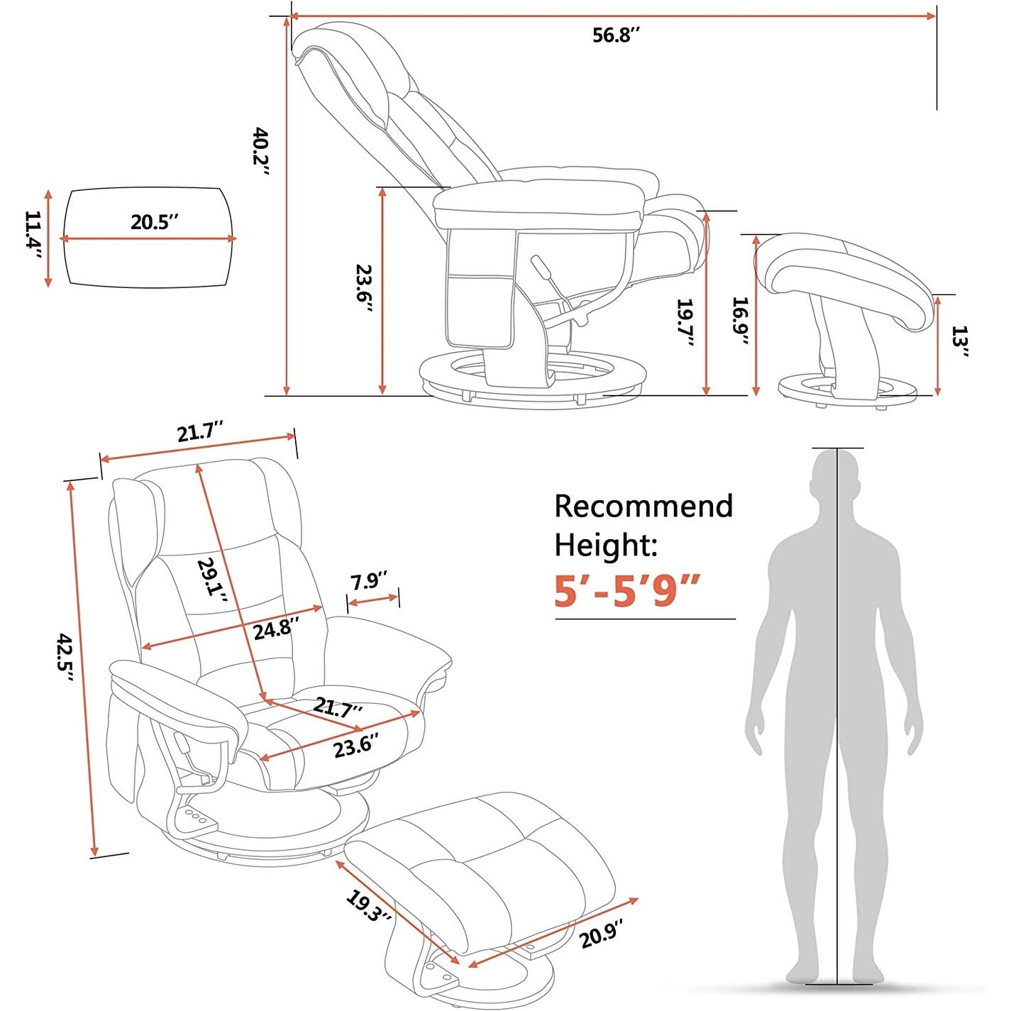 Fauteuils inclinables pivotants MCombo avec ottoman, fauteuils TV à massage par vibrations et poche latérale