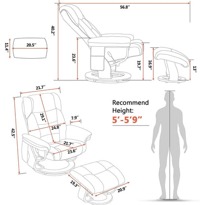 Fauteuils inclinables pivotants MCombo avec ottoman, fauteuils TV à massage par vibrations et poche latérale