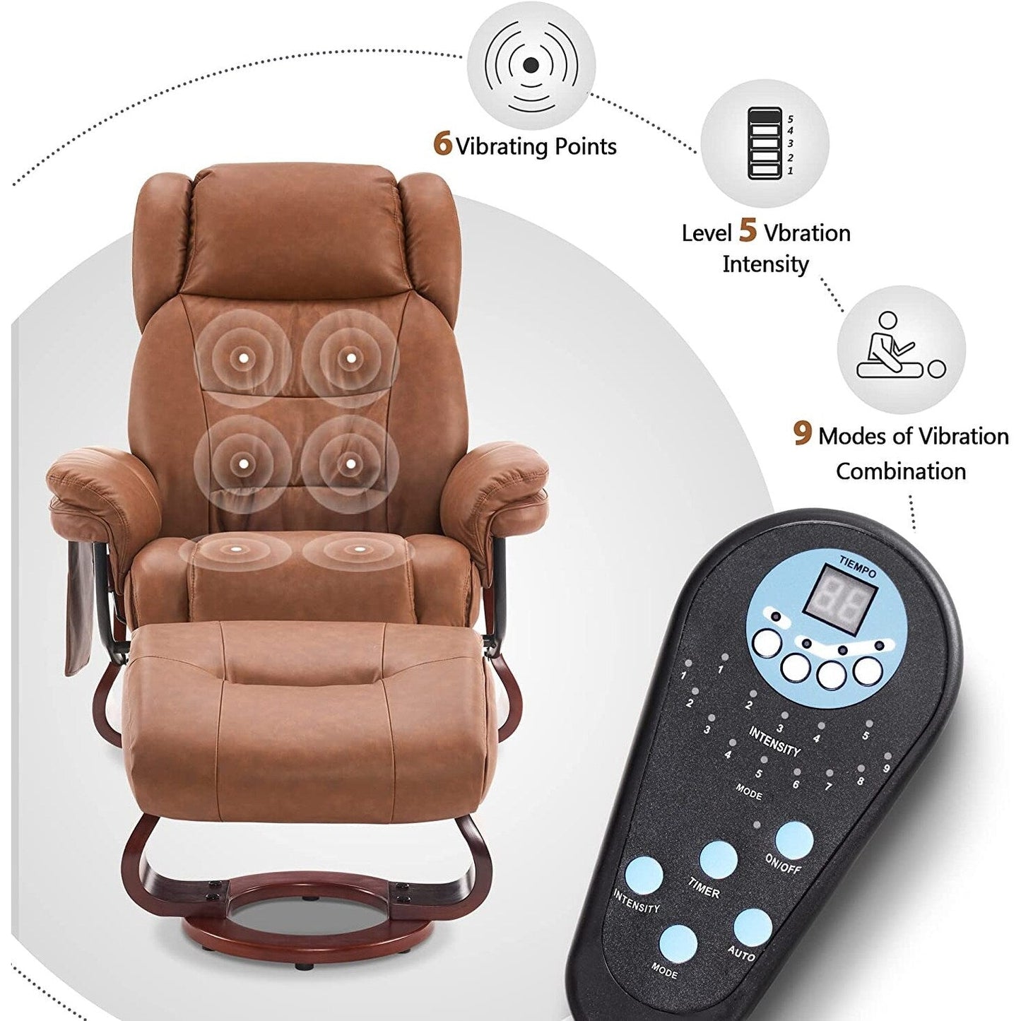 Fauteuils inclinables pivotants MCombo avec ottoman, fauteuils TV à massage par vibrations et poche latérale