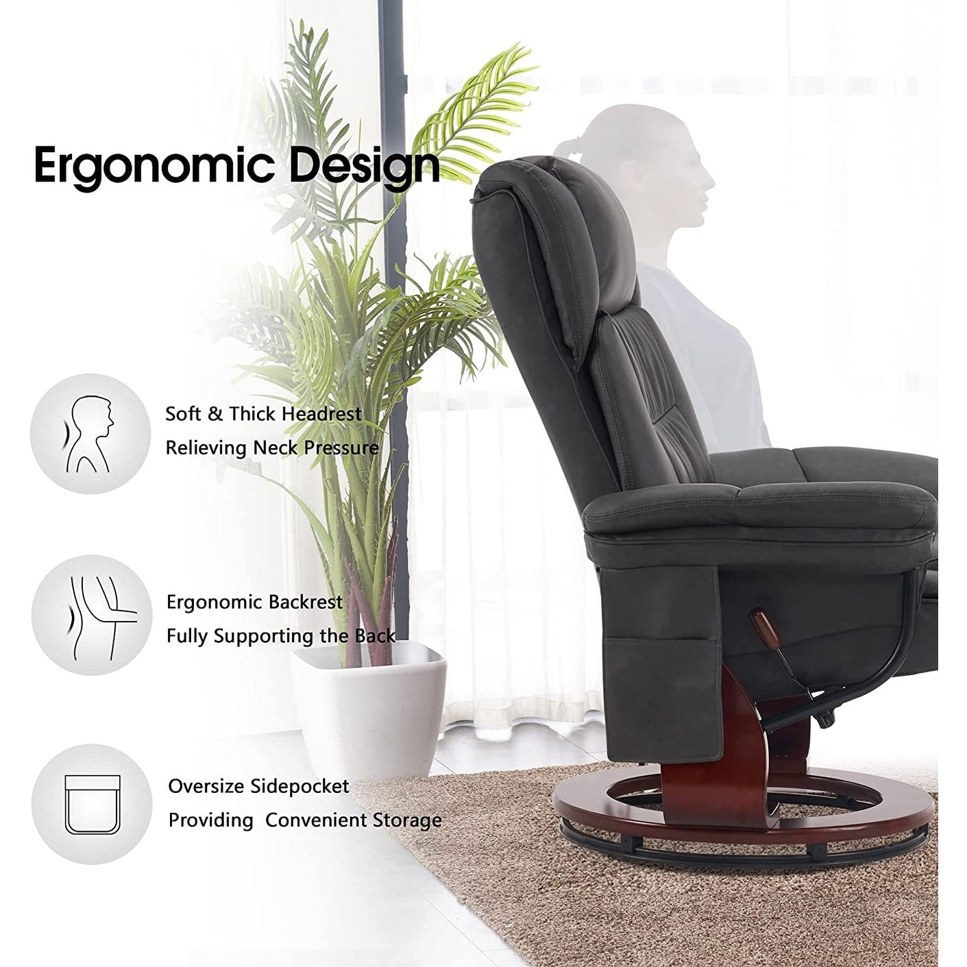 Fauteuils inclinables pivotants MCombo avec ottoman, fauteuils TV à massage par vibrations et poche latérale