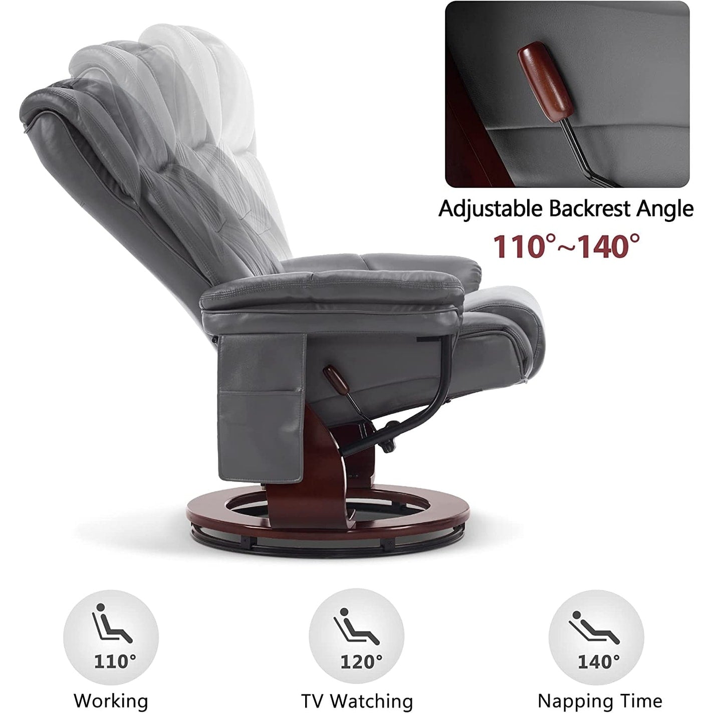 Fauteuils inclinables pivotants MCombo avec ottoman, fauteuils TV à massage par vibrations et poche latérale