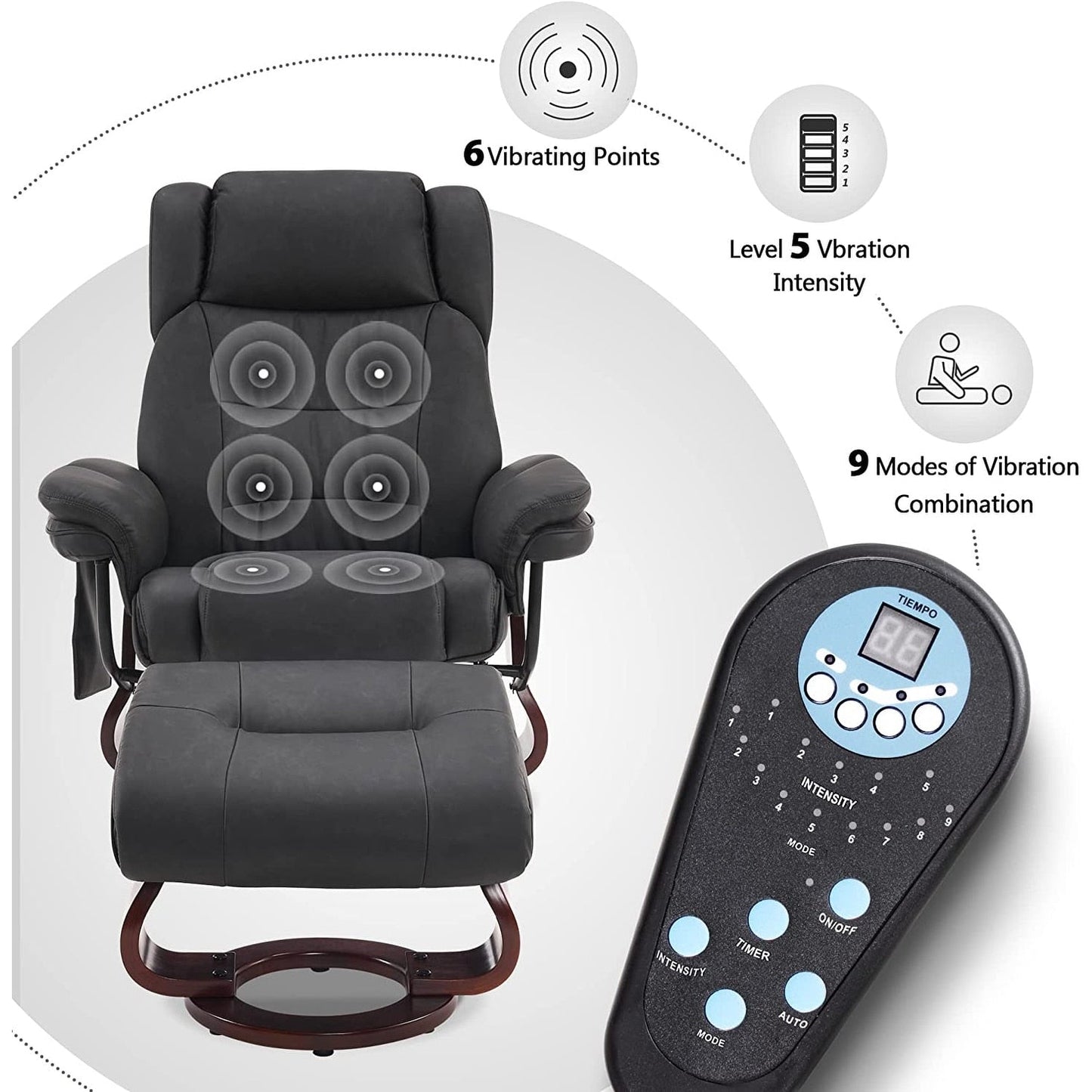 Fauteuils inclinables pivotants MCombo avec ottoman, fauteuils TV à massage par vibrations et poche latérale