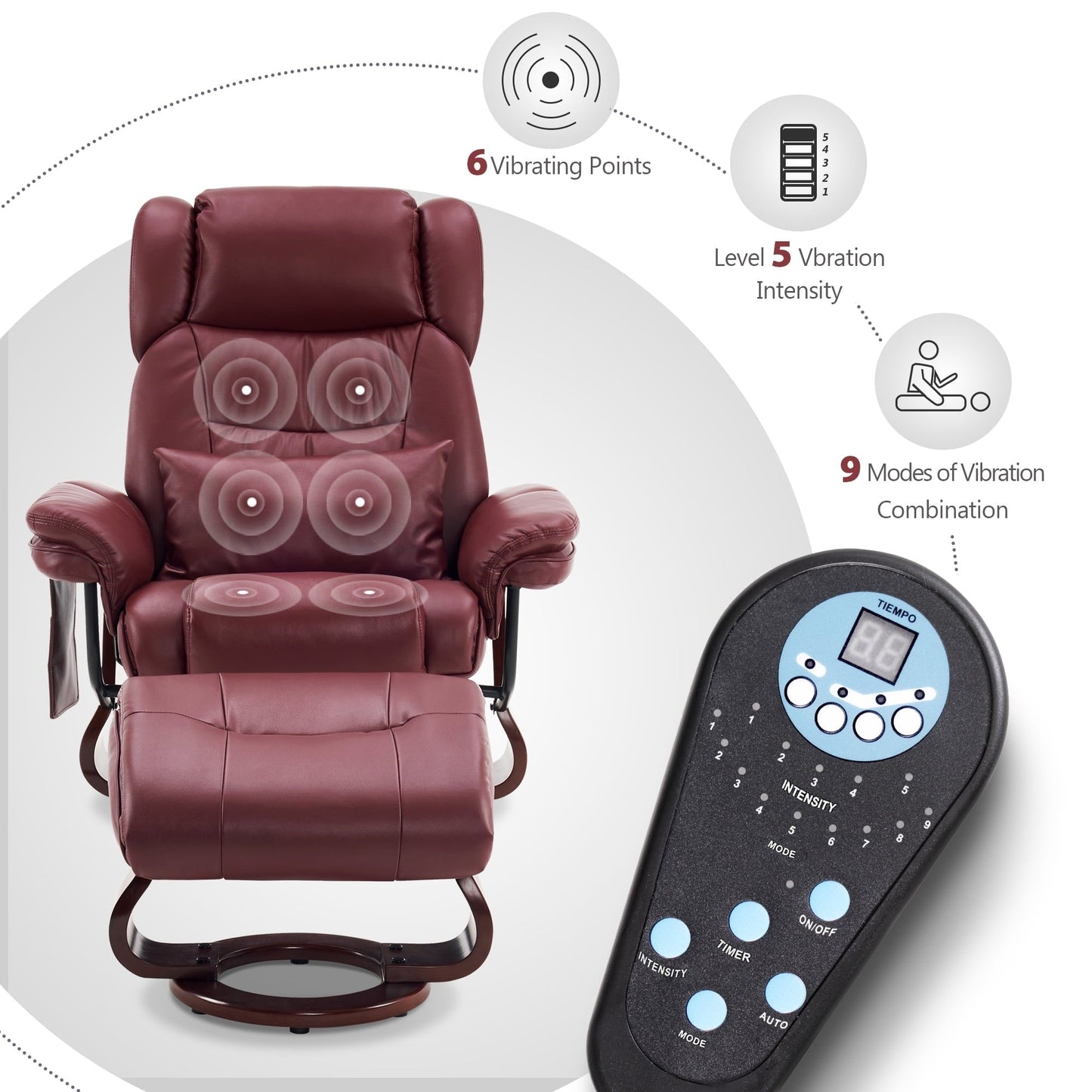 Fauteuils inclinables pivotants MCombo avec ottoman, fauteuils TV à massage par vibrations et poche latérale