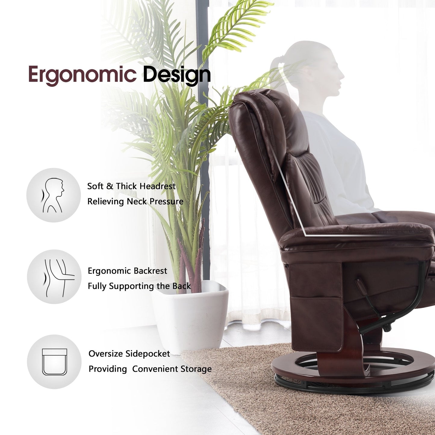 Fauteuils inclinables pivotants MCombo avec ottoman, fauteuils TV à massage par vibrations et poche latérale