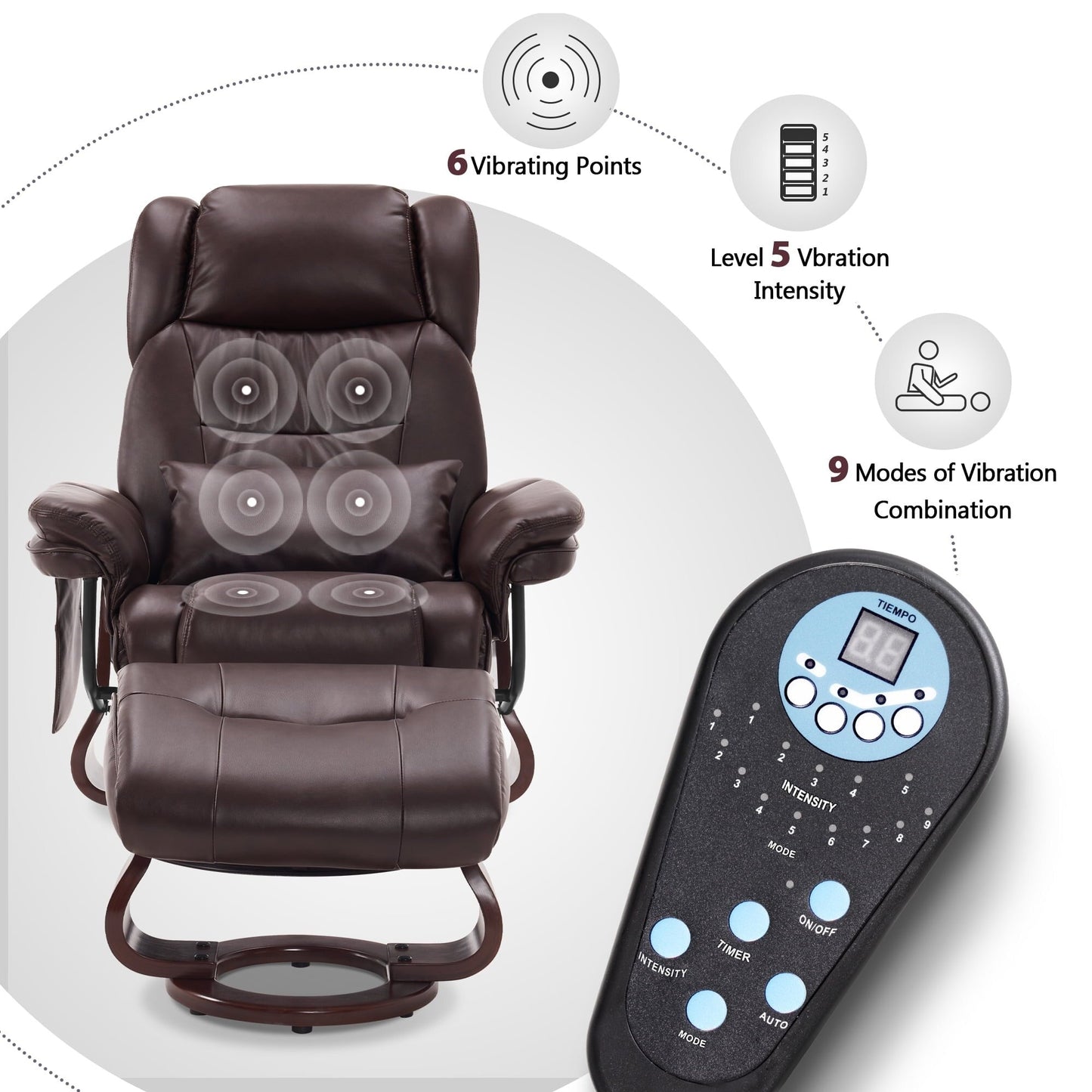 Fauteuils inclinables pivotants MCombo avec ottoman, fauteuils TV à massage par vibrations et poche latérale