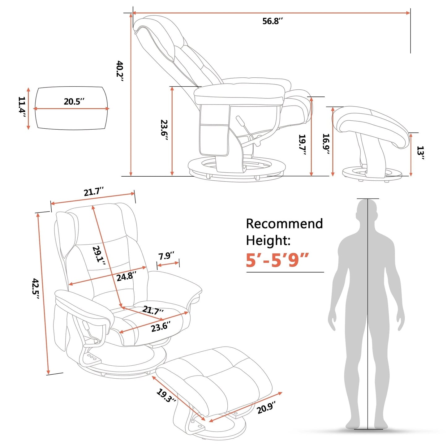 Fauteuils inclinables pivotants MCombo avec ottoman, fauteuils TV à massage par vibrations et poche latérale