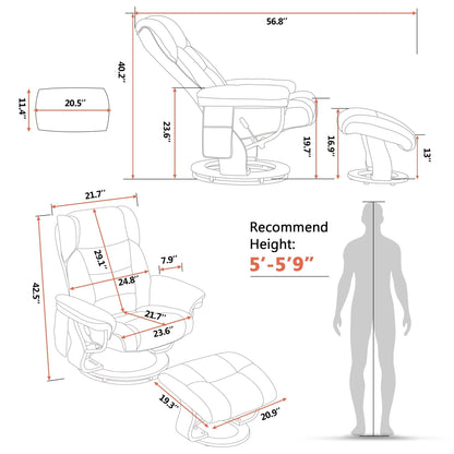 Fauteuils inclinables pivotants MCombo avec ottoman, fauteuils TV à massage par vibrations et poche latérale