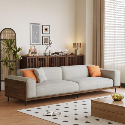 Canapé 4 places moderne du milieu du siècle, revêtement en coton et lin noyer, housses amovibles et lavables, coussins profonds avec oreillers