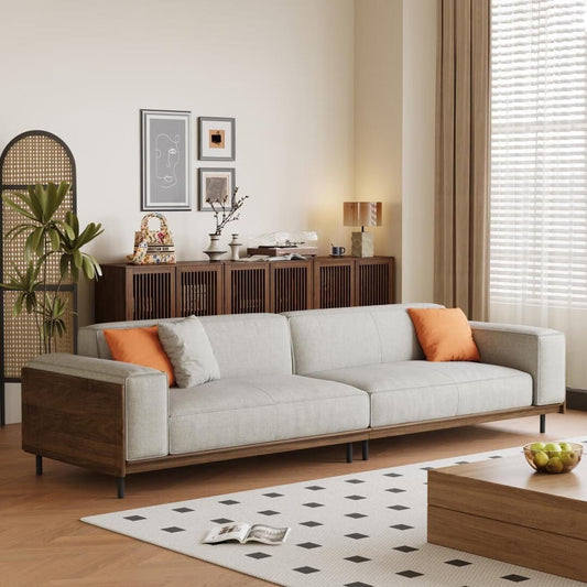 Canapé 4 places moderne du milieu du siècle, revêtement en coton et lin noyer, housses amovibles et lavables, coussins profonds avec oreillers