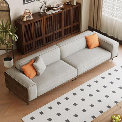 Canapé 4 places moderne du milieu du siècle, revêtement en coton et lin noyer, housses amovibles et lavables, coussins profonds avec oreillers