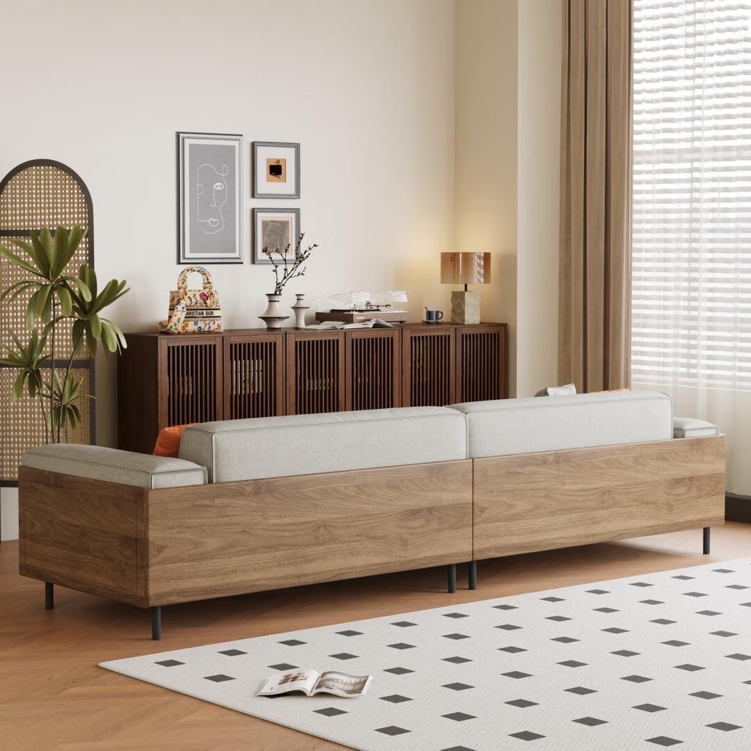 Canapé 4 places moderne du milieu du siècle, revêtement en coton et lin noyer, housses amovibles et lavables, coussins profonds avec oreillers