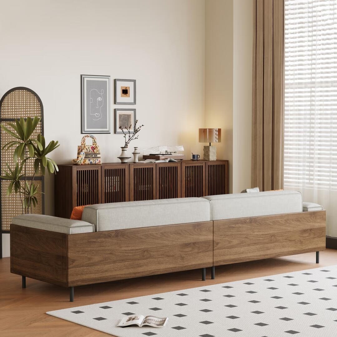 Canapé 4 places moderne du milieu du siècle, revêtement en coton et lin noyer, housses amovibles et lavables, coussins profonds avec oreillers