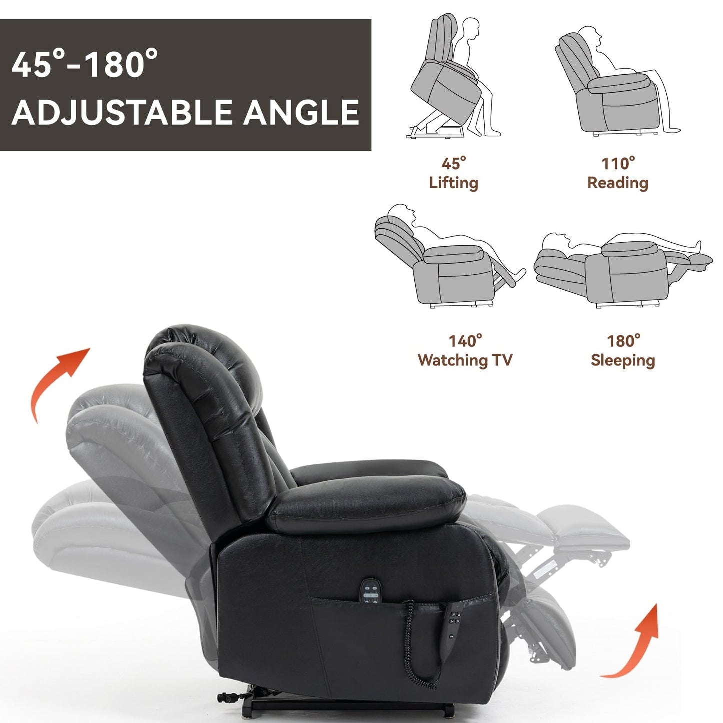 Fauteuil inclinable électrique de taille moyenne en cuir véritable avec deux moteurs, massage 8 points et chauffage lombaire