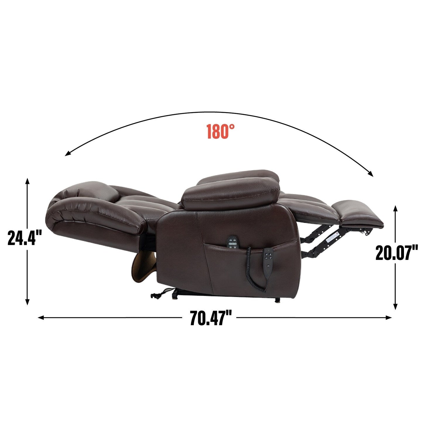 Fauteuil inclinable électrique de taille moyenne en cuir véritable avec deux moteurs, massage 8 points et chauffage lombaire