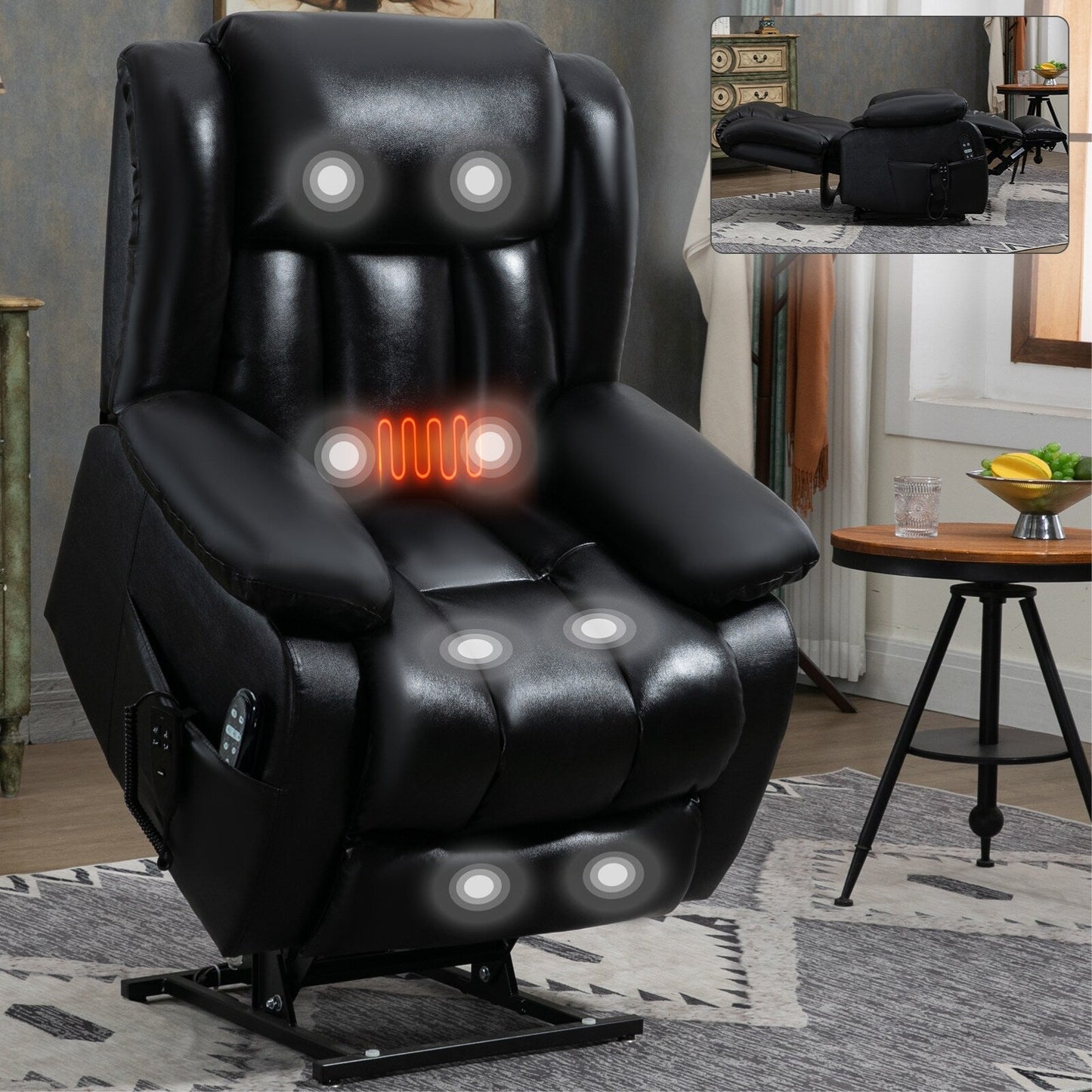 Fauteuil inclinable électrique de taille moyenne en cuir véritable avec deux moteurs, massage 8 points et chauffage lombaire