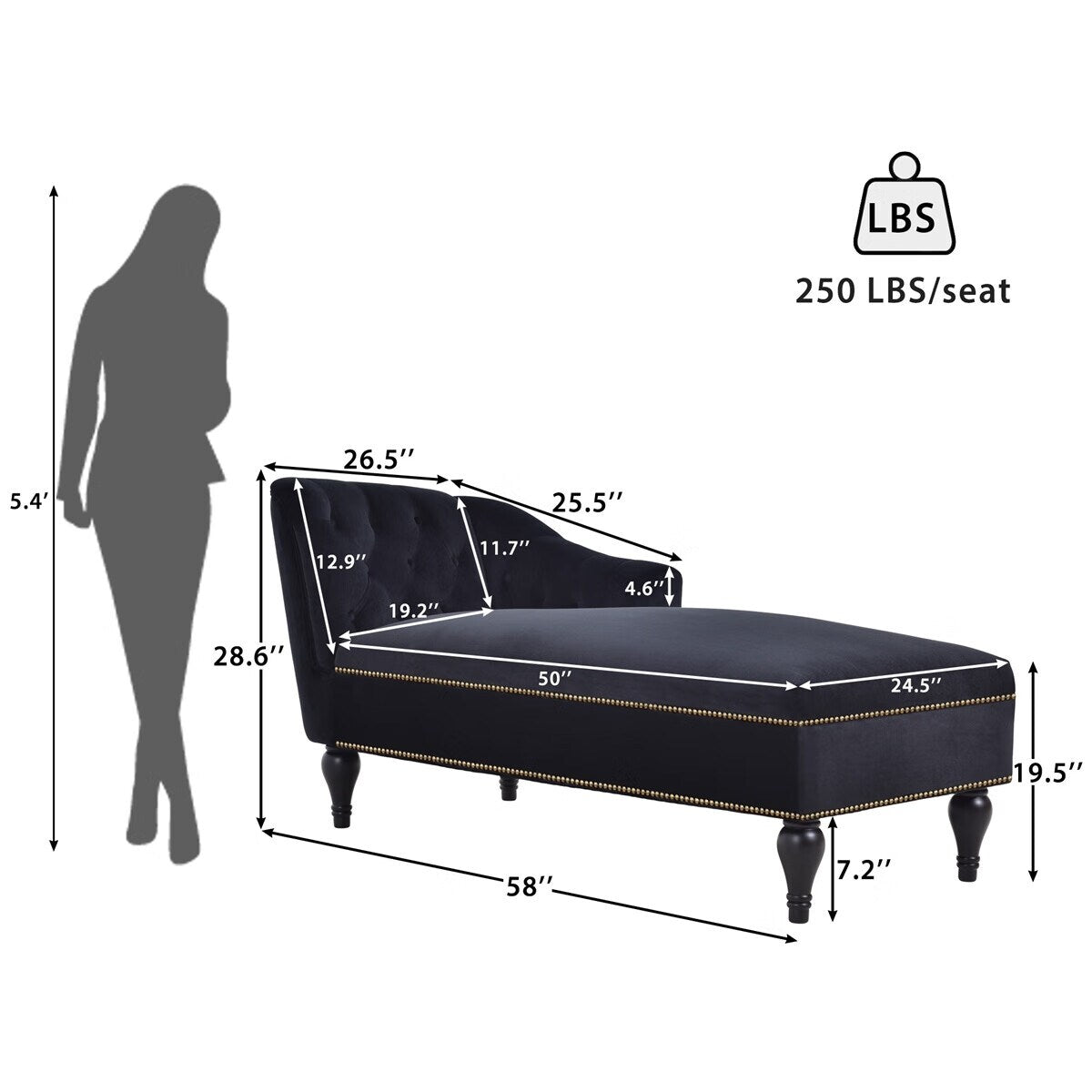 Chaise longue Merax 58 en velours capitonné avec accoudoir droit