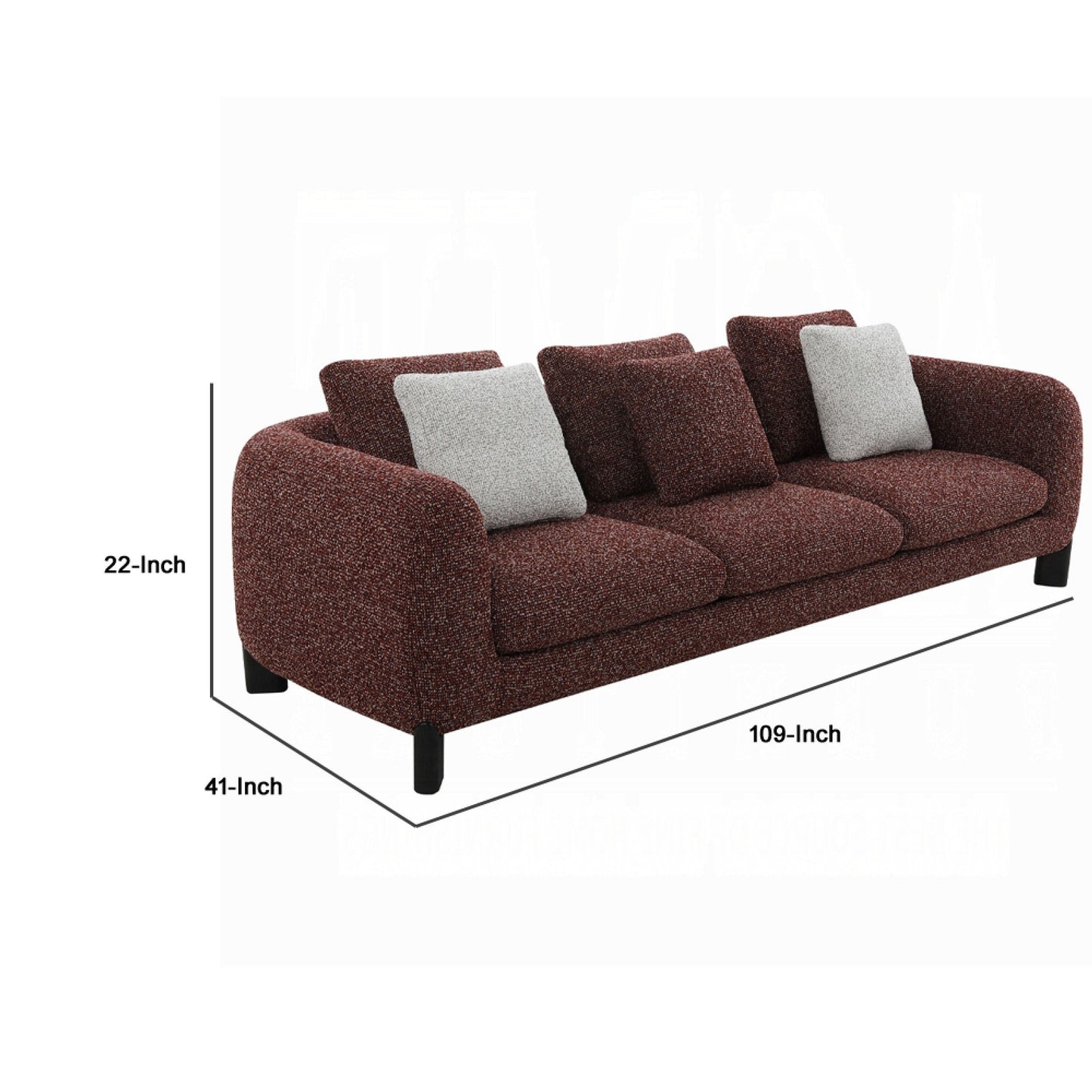 Canapé Meru avec 3 coussins décoratifs, tissu tweed bordeaux bordeaux, 277 cm