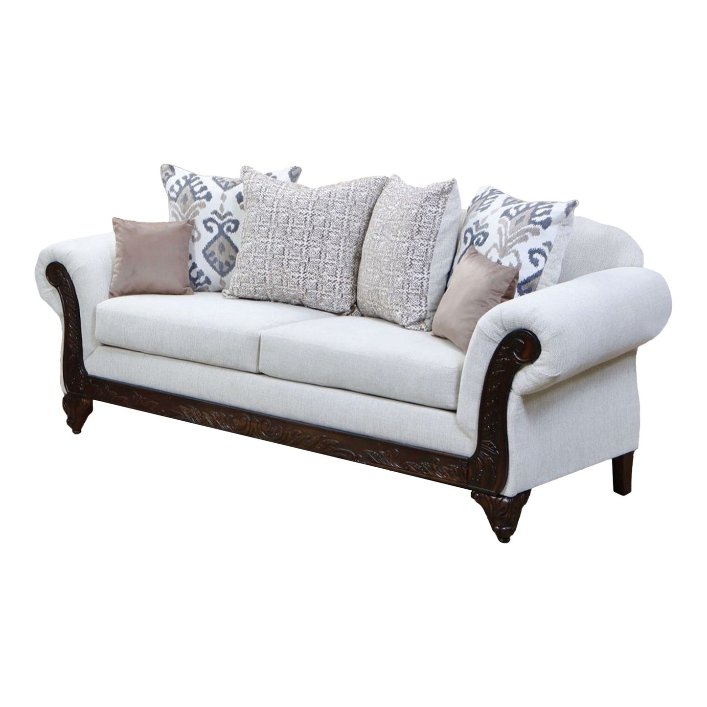 Canapé Mezia, chenille beige, brun noyer, 6 coussins décoratifs, 94 pouces