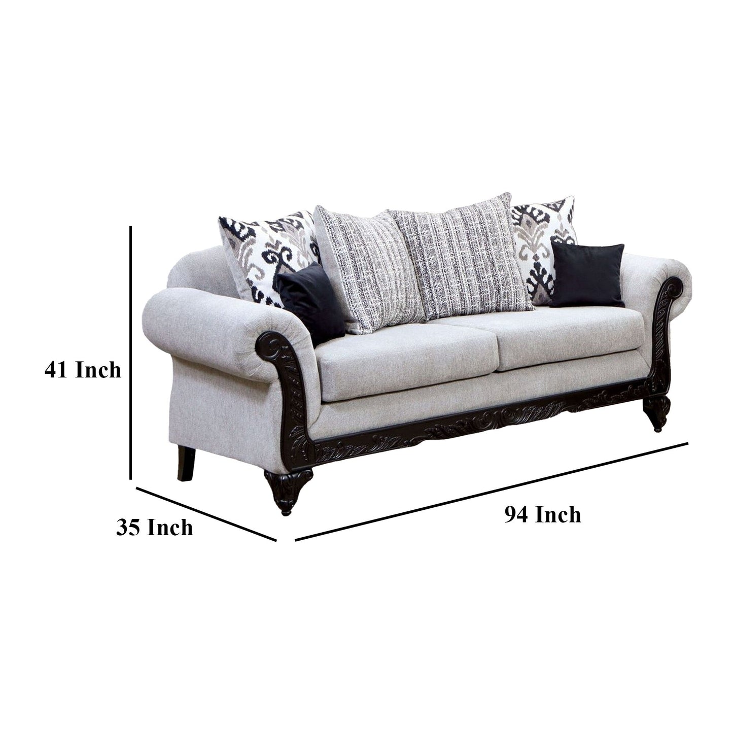 Canapé Mezia, chenille grise, 6 coussins, bois massif noir, 240 cm