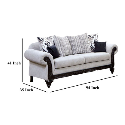 Canapé Mezia, chenille grise, 6 coussins, bois massif noir, 240 cm