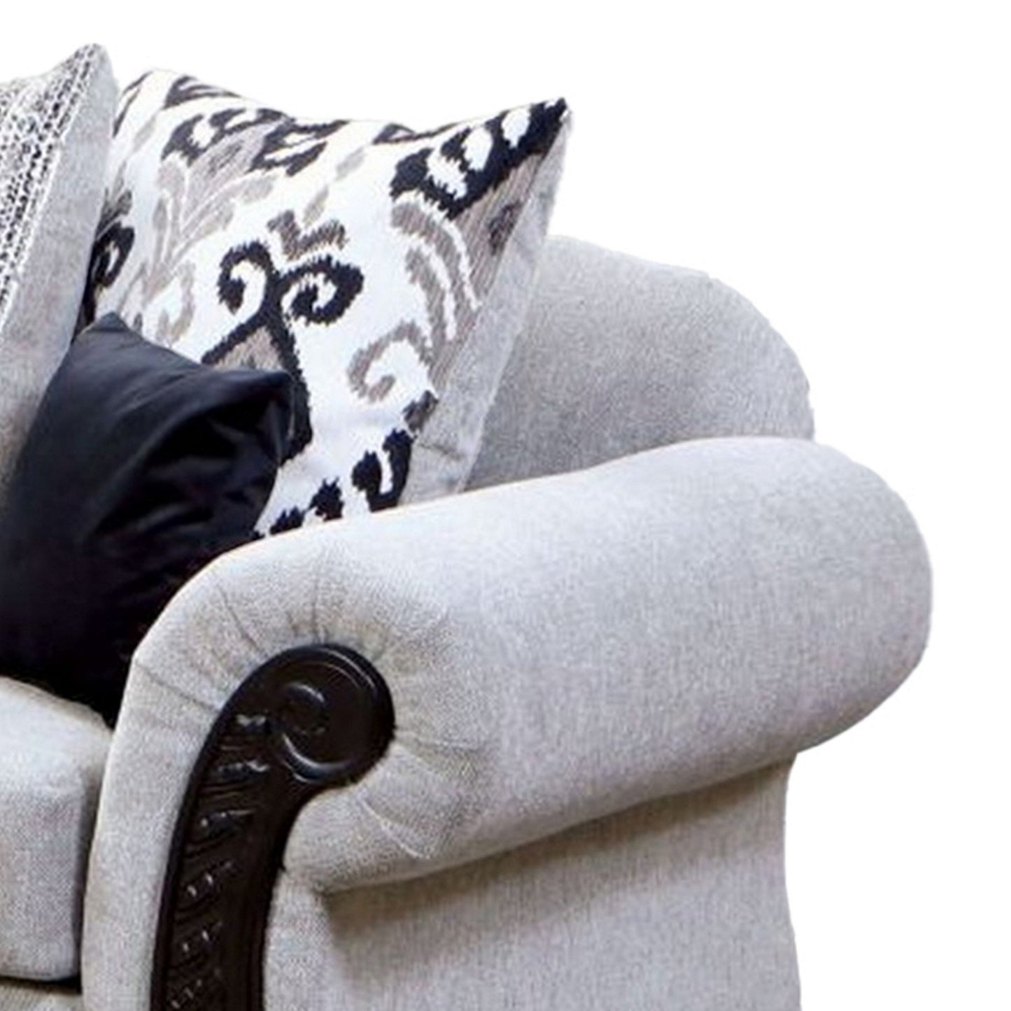 Canapé Mezia, chenille grise, 6 coussins, bois massif noir, 240 cm