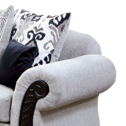 Canapé Mezia, chenille grise, 6 coussins, bois massif noir, 240 cm