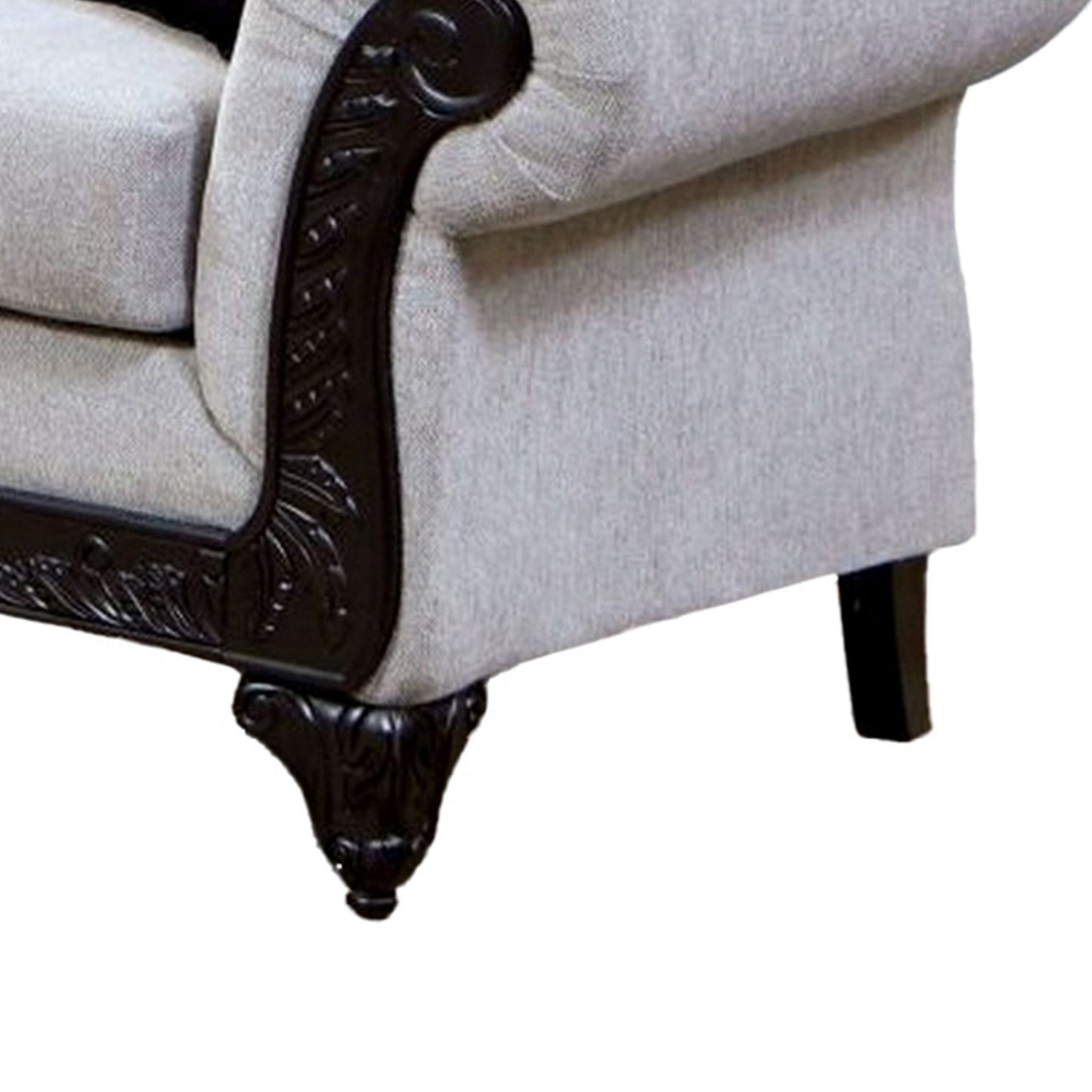 Canapé Mezia, chenille grise, 6 coussins, bois massif noir, 240 cm